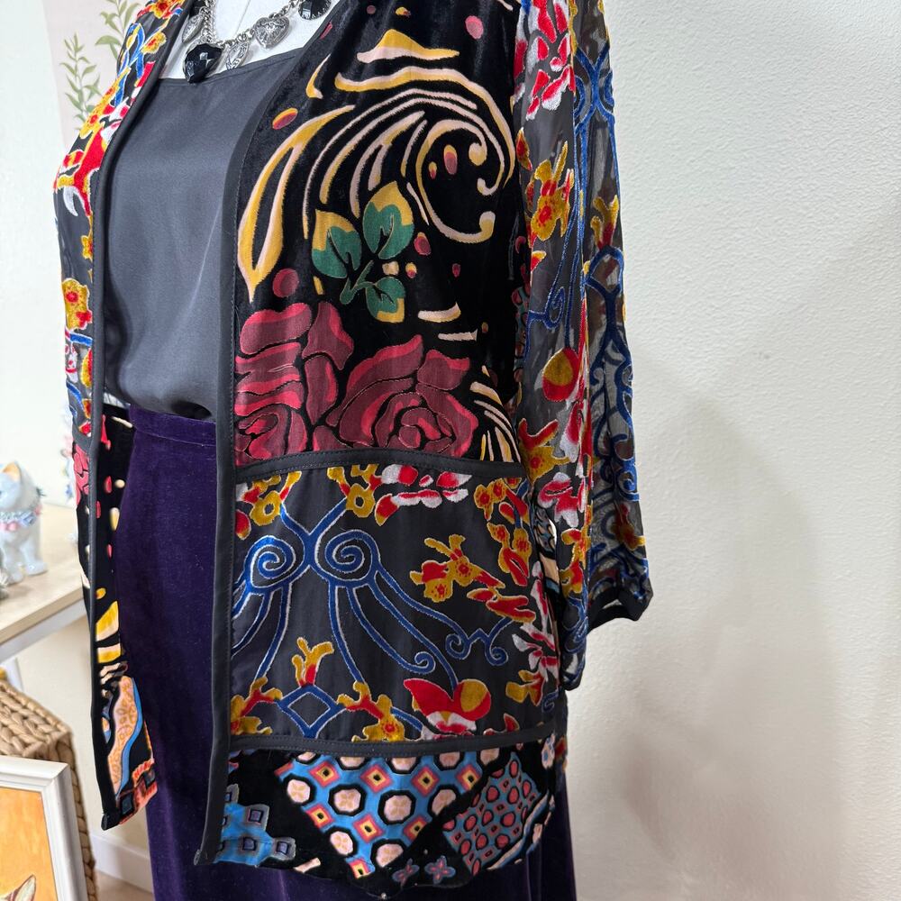 Floral Patchwork Burnout Velvet Jacket Whimsigoth Dark Fairy Y2k Artsy Boho PS - Picture 6 of 9